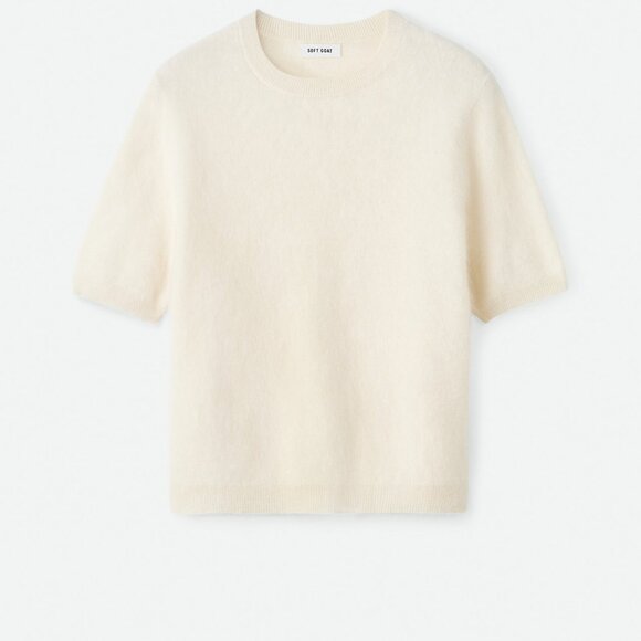 Soft Goat Brushed Cashmere Short Sleeve Sweater Feather White - Picture 1 of 6